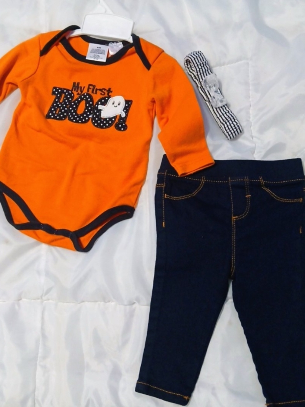 Orange 'My First BOO' Baby Bodysuit Set with Navy Pants